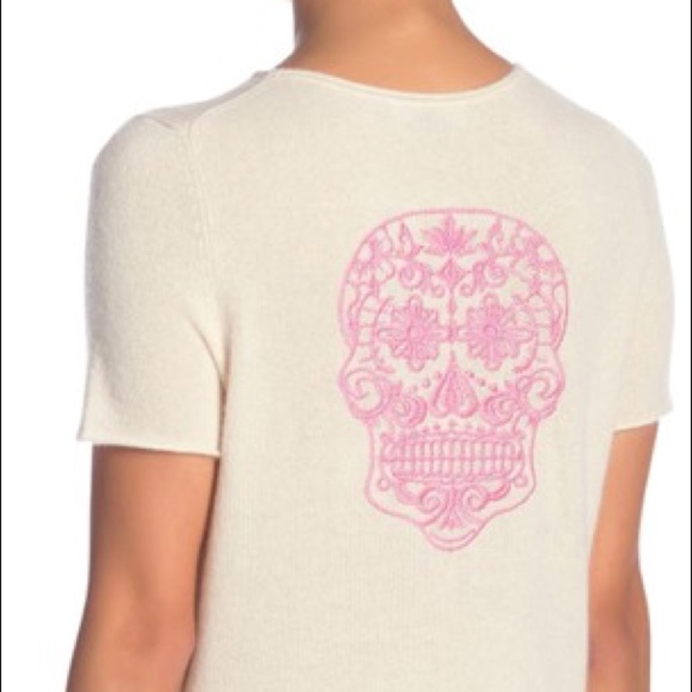 Skull Cashmere Embroidered Zeke Sugar Ivory Pink Sweater